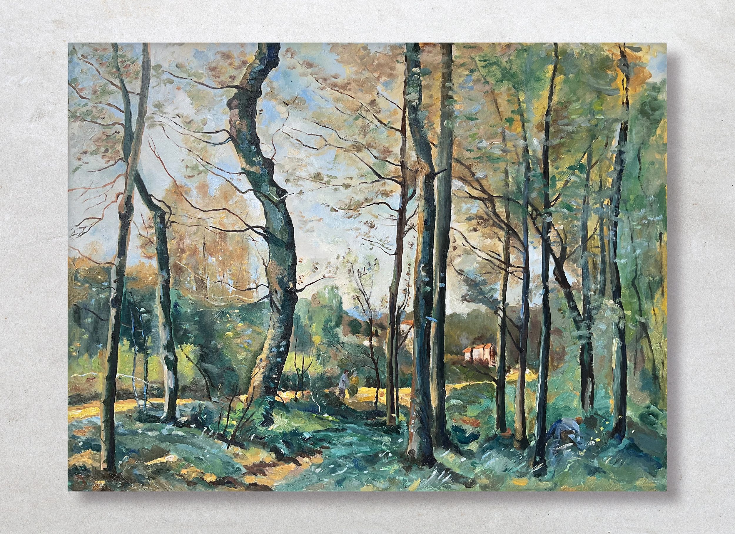 Peinture à l'huile réinterprétant un paysage inspiré de Camille Corot
